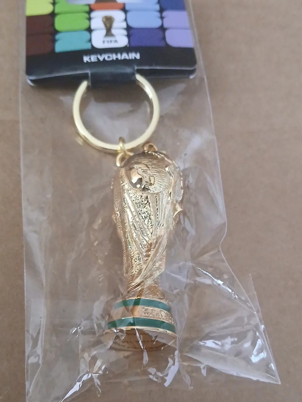FIFA World Cup color gold Trophy Keychain with Green Accents nwt
